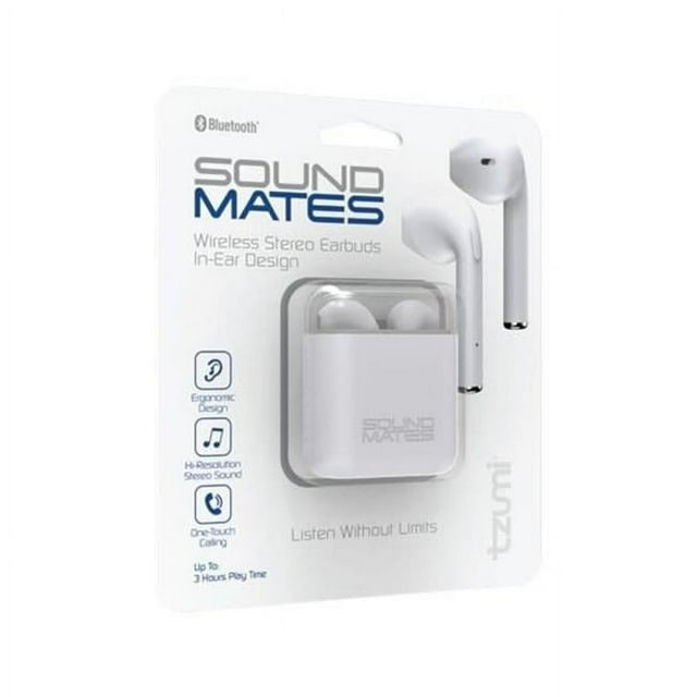 Tzumi Soundmates Bluetooth Earbuds with Wireless Charging, White