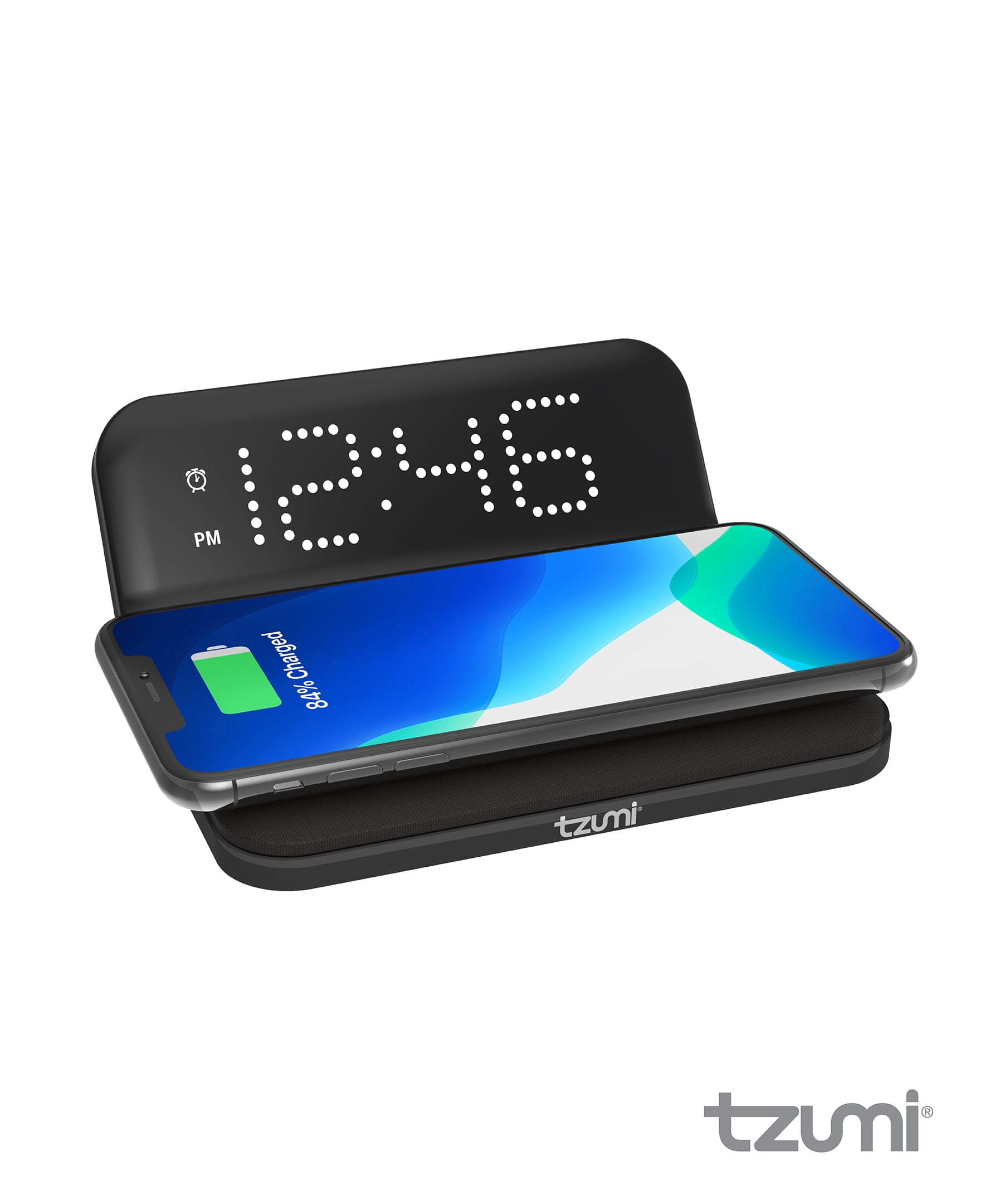 Tzumi Wireless Charging Alarm Clock with LED Display and Snooze Feature, Black