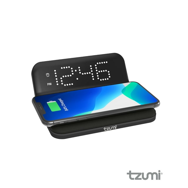 Tzumi Wireless Charging Alarm Clock with LED Display and Snooze Feature, Black