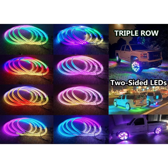 Tzvmnylighting Factory - 17.5" x4PCS Triple Row LED Double Sided Dream Color CHASING Flowing Wheel Rim Well Lights Bluetooth APP +Remote Control Waterproof IP68