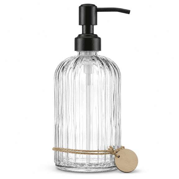 U 18Oz Simple Glass Soap Dispenser with Black Rust Proof Pump,Refillable Kitchen soap Dispenser with Vertical Stripe, Bathroom Soap Dispenser for Dispense Hand soap, Dish Soap, Lotion.