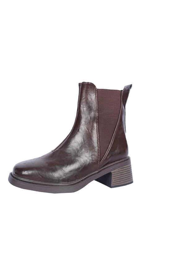 U-632 Brown Womens Chelsea Boots Pull On Square Toe Thick Heel Winter Casual Short Solid Color Comfortable Ladies