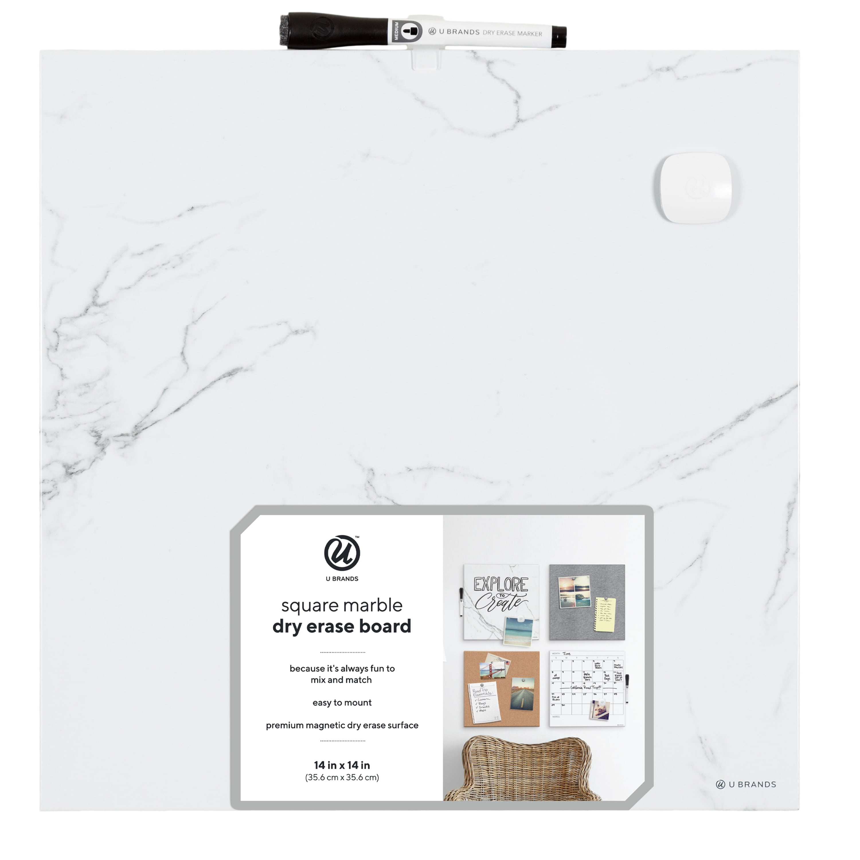 U BRANDS Square Magnetic Dry Erase Whiteboard, 14 x 14 in., Gray and White Marble
