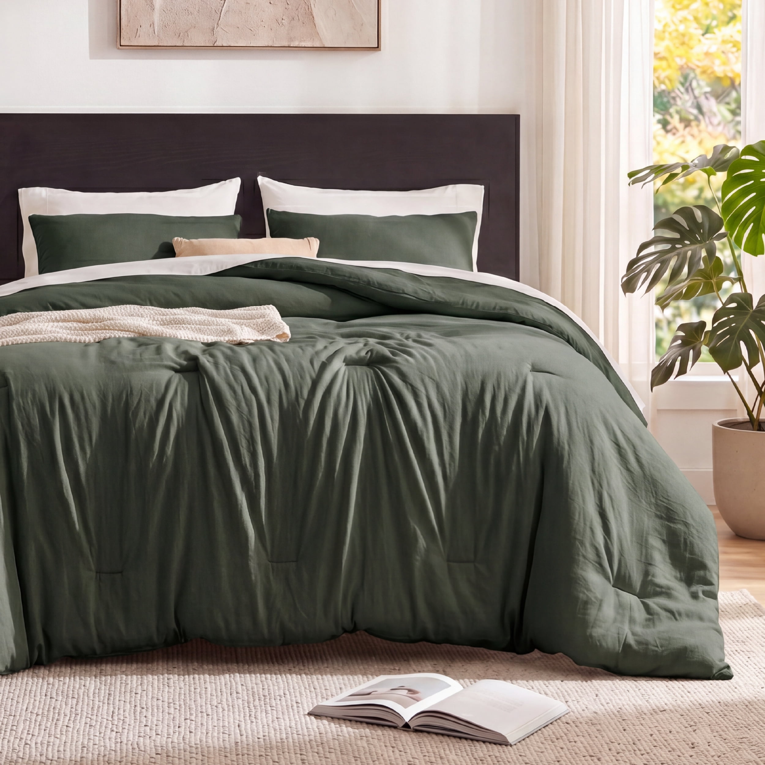 U by Bedsure 3 Pieces Queen Comforter Bedding Sets, Dark Green Bed Comforter Set for All Seasons, 1 Lightweight Prewashed Comforter and 2 Pillowcases