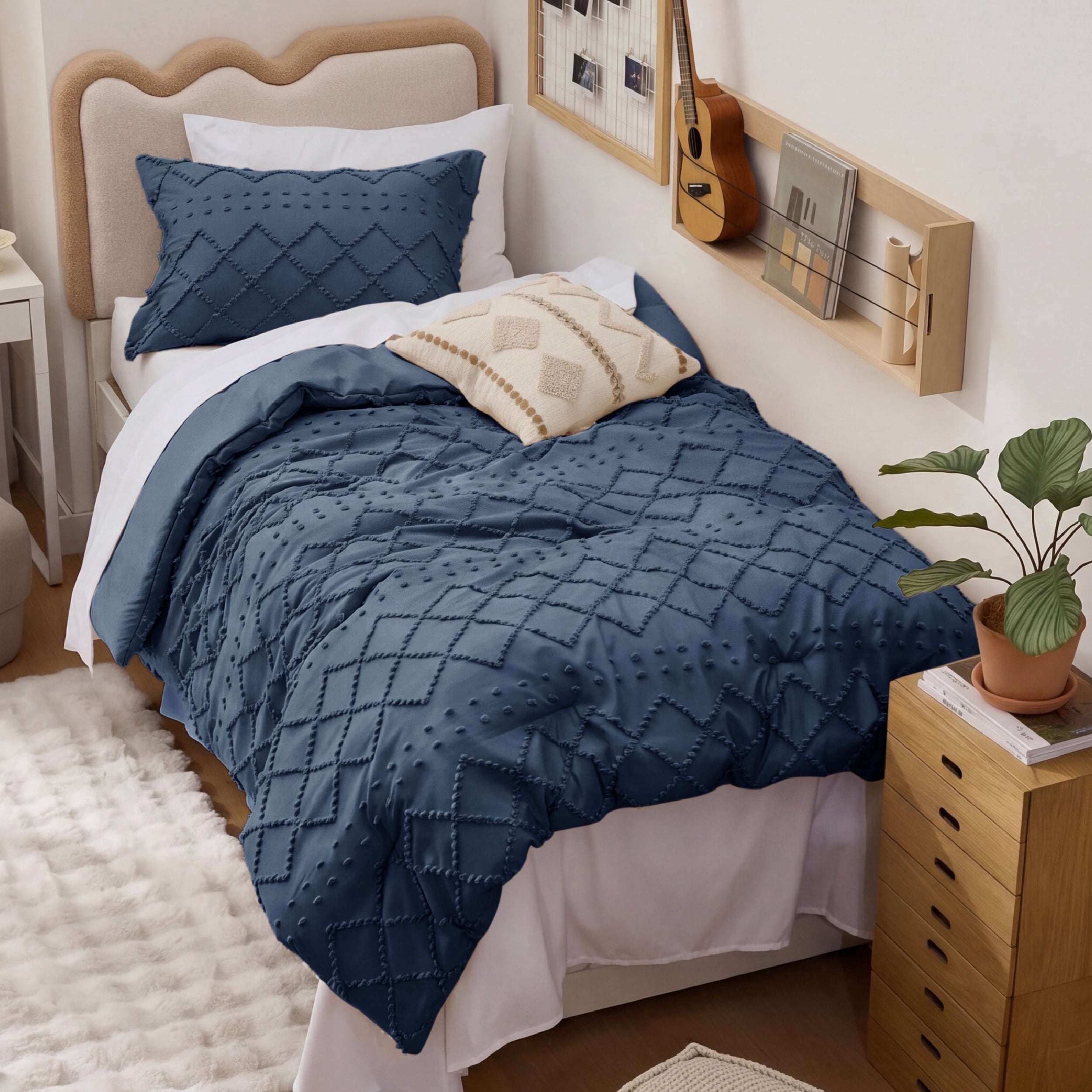 U Bedsure U by Bedsure Twin XL Comforter Set, 2 Pieces Navy Boho Tufted Shabby Bedding Comforter Set, Vintage Farmhouse Fluffy Soft Bed Set with 1 Pillow Sham