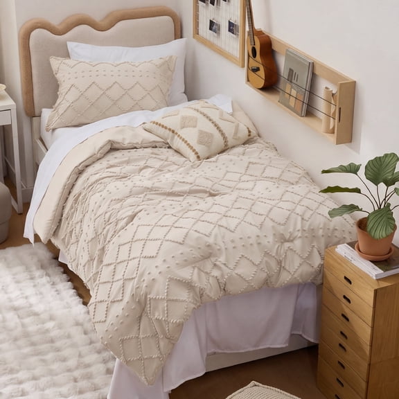 U by Bedsure Twin XL Comforter Set, 2 Pieces Beige Boho Tufted Shabby Bedding Comforter Set, Vintage Farmhouse Fluffy Soft Bed Set with 1 Pillow Sham