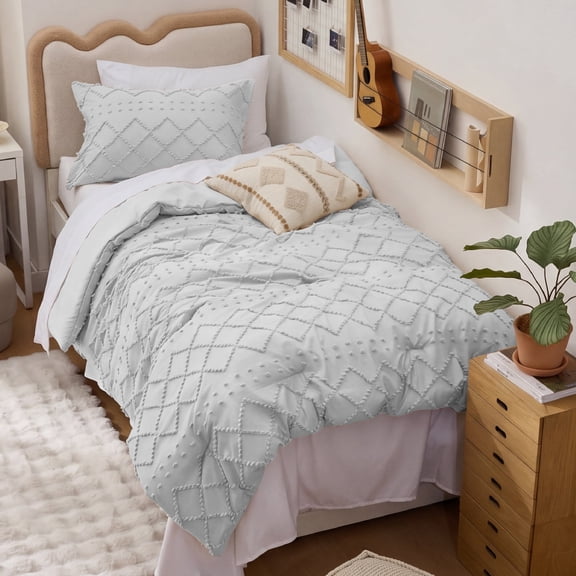 U by Bedsure Twin XL Comforter Set, 2 Pieces Gray Boho Tufted Shabby Bedding Comforter Set, Vintage Farmhouse Fluffy Soft Bed Set with 1 Pillow Shams