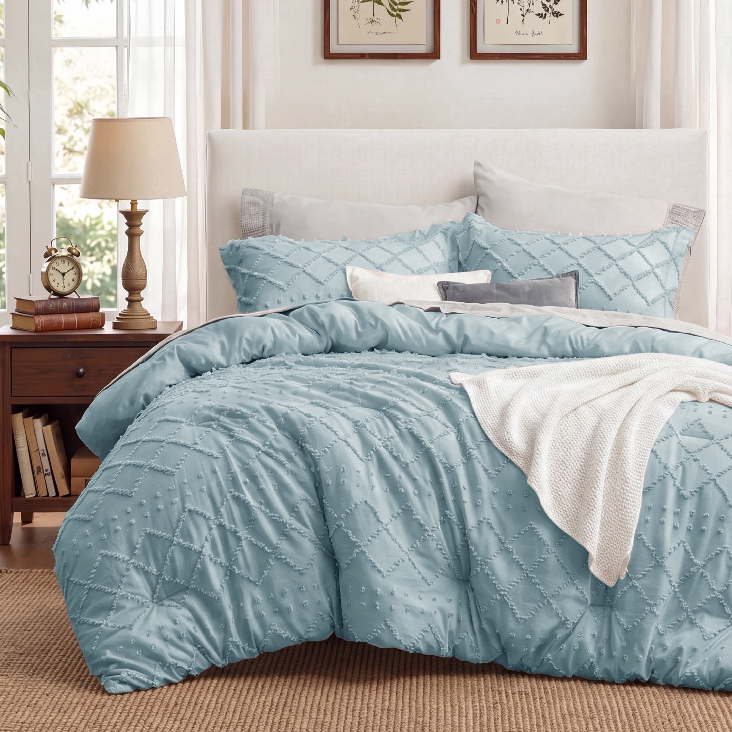 U Bedsure U by Bedsure Full Comforter Set, 3 Pieces Blue Boho Tufted Shabby Bedding Comforter Set, Vintage Farmhouse Fluffy Soft Bed Set with 2 Pillow Shams