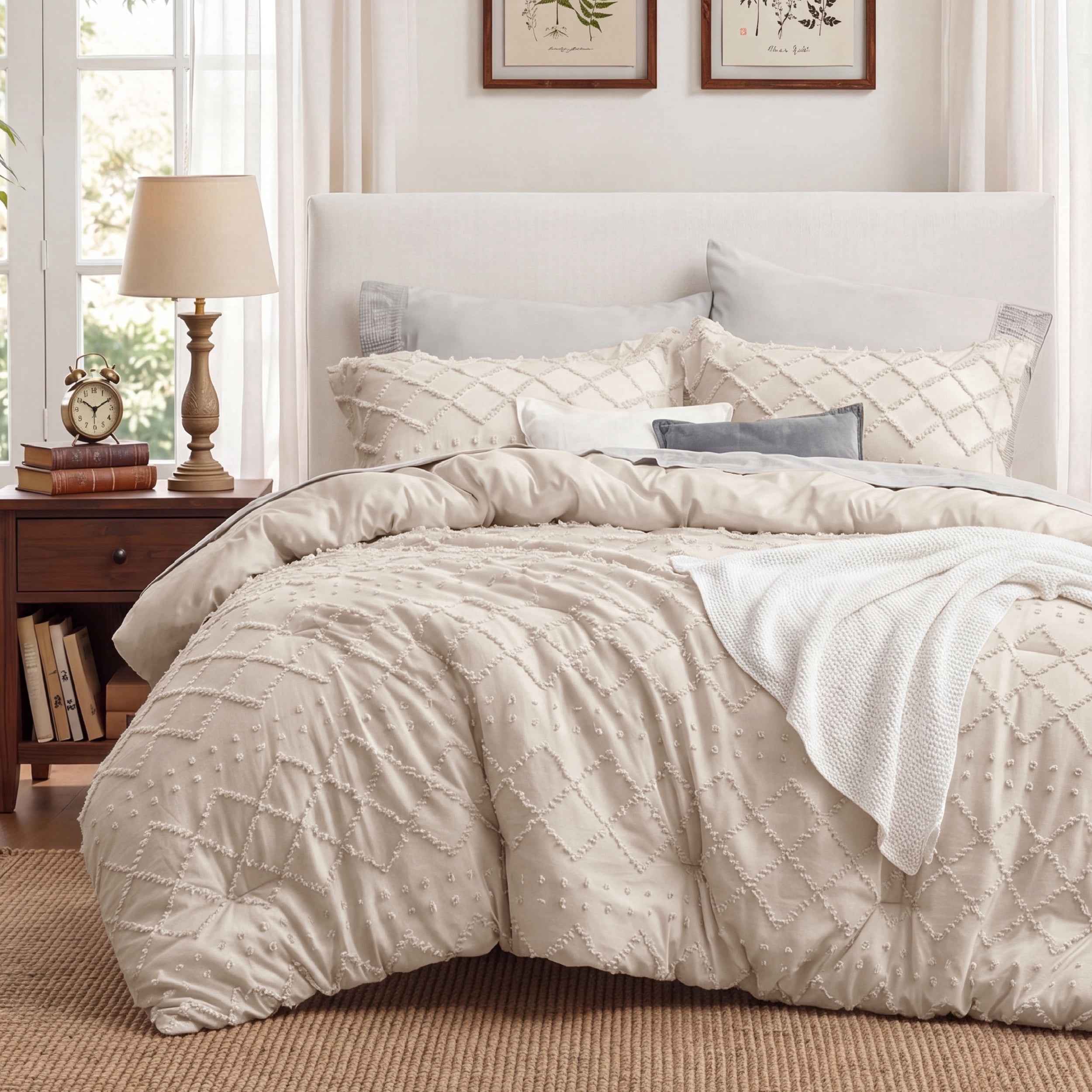 U Bedsure U by Bedsure Full Comforter Set, 3 Pieces Beige Boho Tufted Shabby Bedding Comforter Set, Vintage Farmhouse Fluffy Soft Bed Set with 2 Pillow Shams