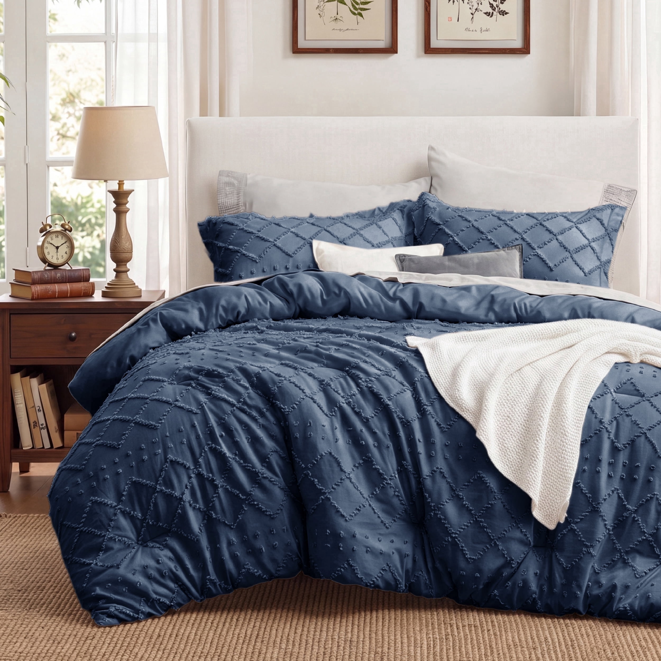U Bedsure U by Bedsure Boho Full Comforter Set, Boho Tufted Shabby Chic Navy Bedding Comforter Set, 3 Pieces Vintage Farmhouse Bed Set for All Seasons, Soft Bedding Set with 2 Pillow Shams