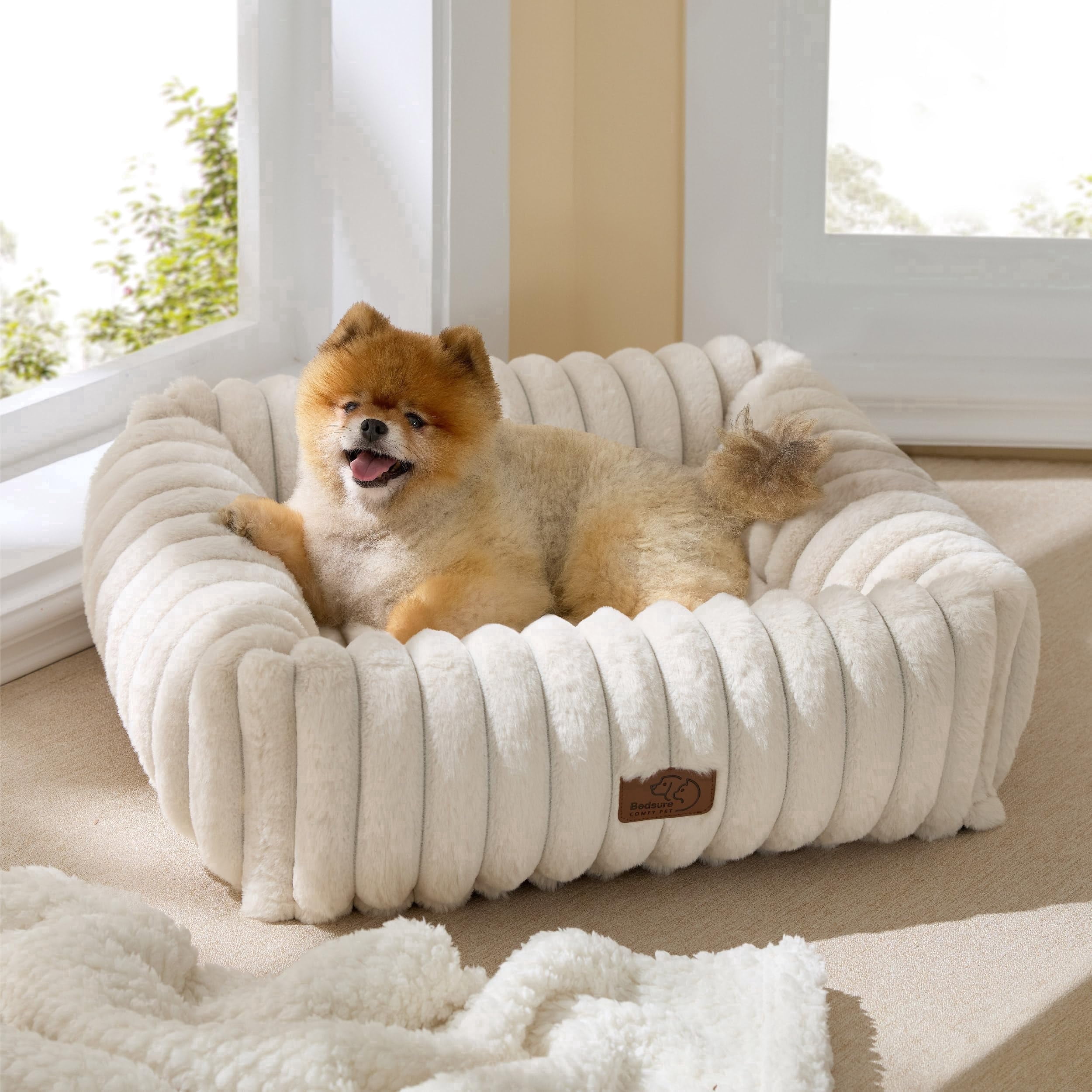 U By Bedsure Dog Beds for Small Dogs, 25" Furry Puppy Bed Washable Orthopedic Calming Pet Bed with Removable Zipper Cover, Cream