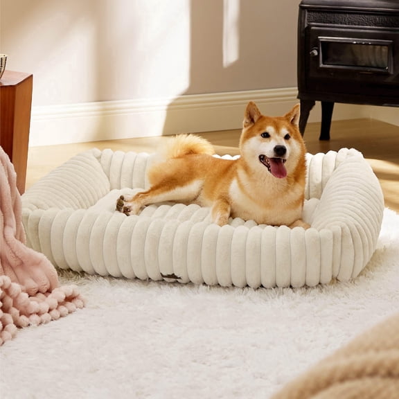 U By Bedsure ComfyFleece Cute Dog Beds Large Sized Dog - Washable Furry Pet Beds, Rectangle Orthopedic Corduroy Fleece Puppy Beds with Removable Zipper Cover, Cream