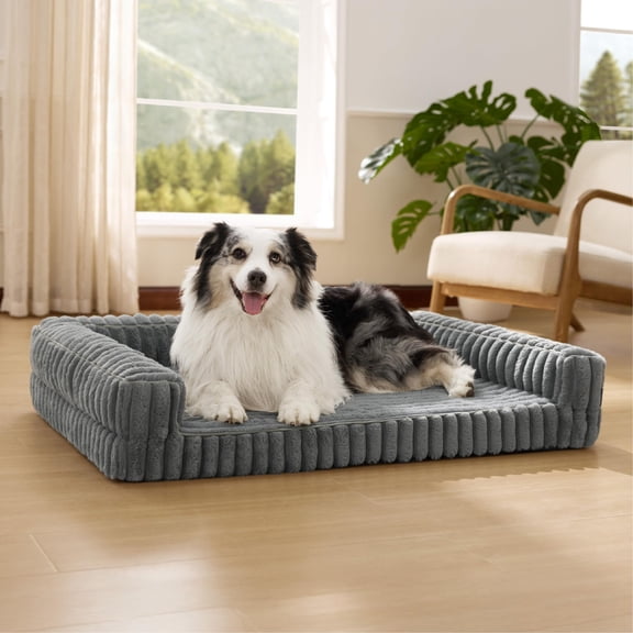 U By Bedsure Comfy Fleece Orthopedic Extra Large Dog Bed, Waterproof Egg-Crate Foam Pet Couch Sofa with Sides, Non-Slip Base, Washable Corduroy Cover, Gray
