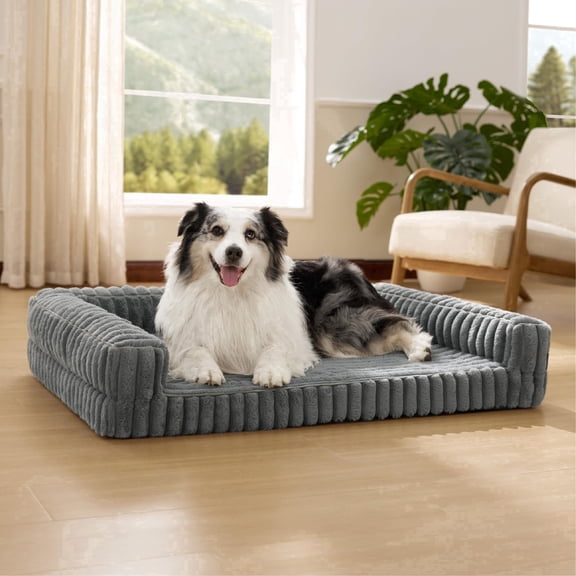 U By Bedsure Comfy Fleece Orthopedic Extra Large Dog Bed, Waterproof Egg-Crate Foam Pet Couch Sofa with Sides, Non-Slip Base, Washable Corduroy Cover, Gray