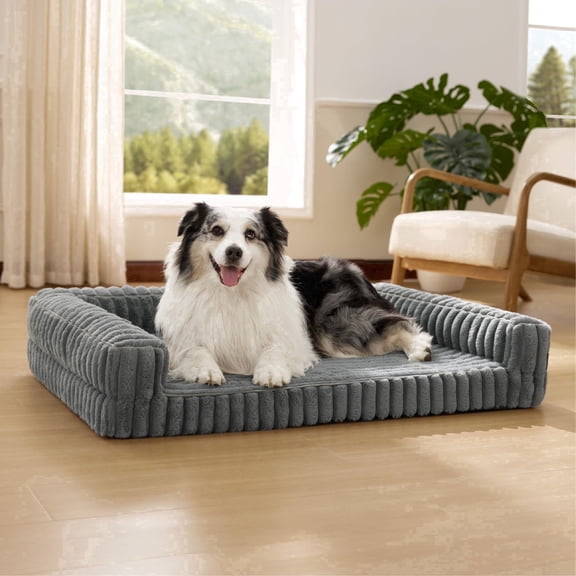 U By Bedsure Comfy Fleece Orthopedic Extra Large Dog Bed, Waterproof Egg-Crate Foam Pet Couch Sofa with Sides, Non-Slip Base, Washable Corduroy Cover, Gray