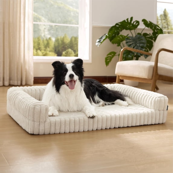 U By Bedsure Large Orthopedic Dog Bed, Waterproof Egg-Crate Foam Pet Sofa Bed with Bolster Sides, Washable Soft Flannel Cover, Non-Slip Bottom, Cream