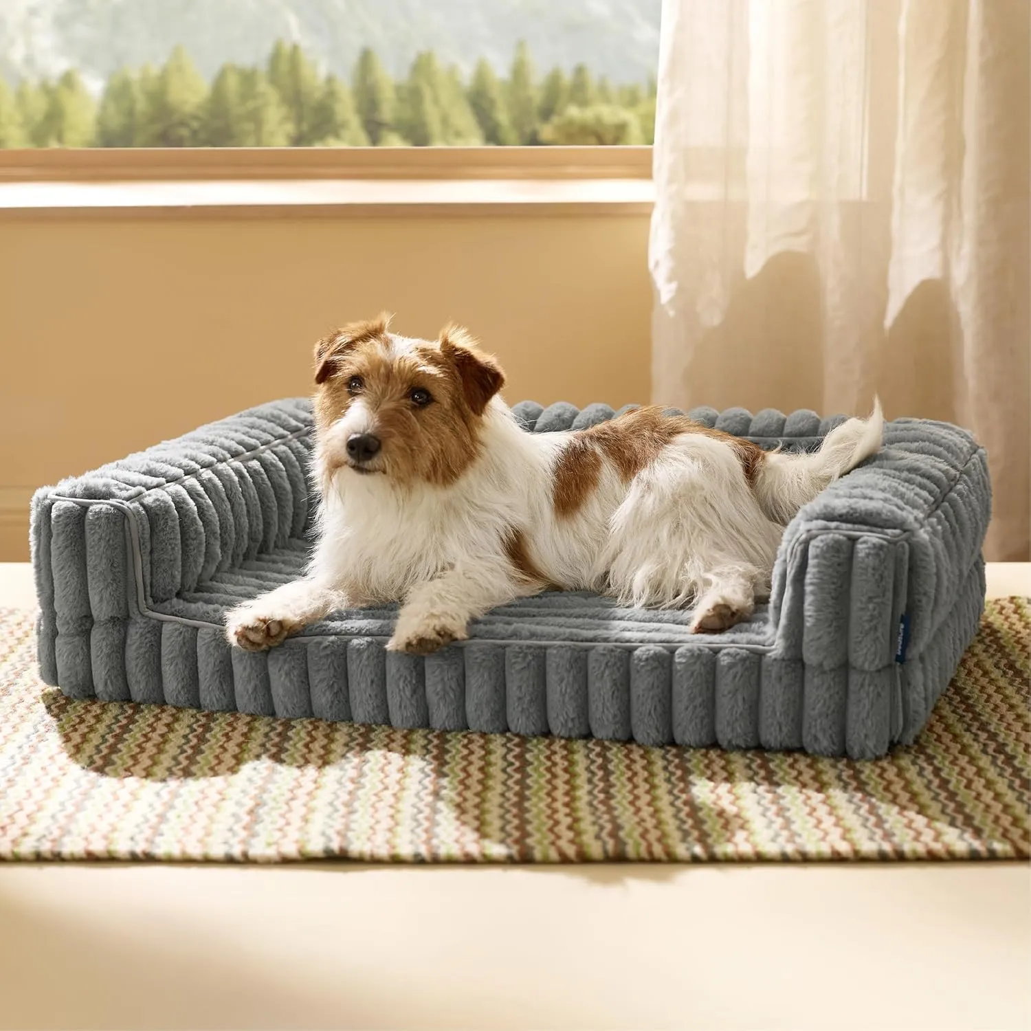 U By Bedsure Comfy Fleece Orthopedic Medium Dog Bed, Waterproof Egg-Crate Foam Pet Couch Sofa with Sides, Non-Slip Base, and Washable Corduroy Cover, Gray