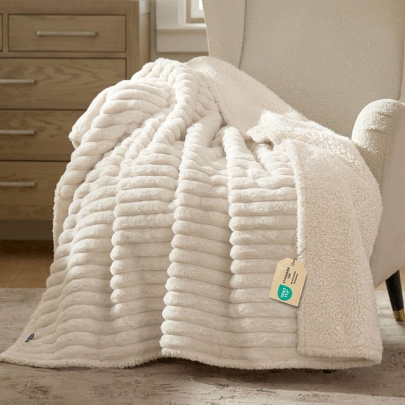U By Bedsure ComfyFleece Waterproof Dog Blankets for Large Dogs - Soft Pet Cat Blanket Corduroy Fleece for Couch Bed Protector Washable, Cozy Calming Reversible Furniture Protection,50"x60", Cream
