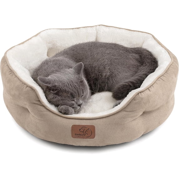 U By Bedsure Dog Beds for Small Dogs - Round Cat Beds for Indoor Cats, Washable Pet Bed for Puppy and Kitten with Slip-Resistant Bottom, 20 Inches, Camel