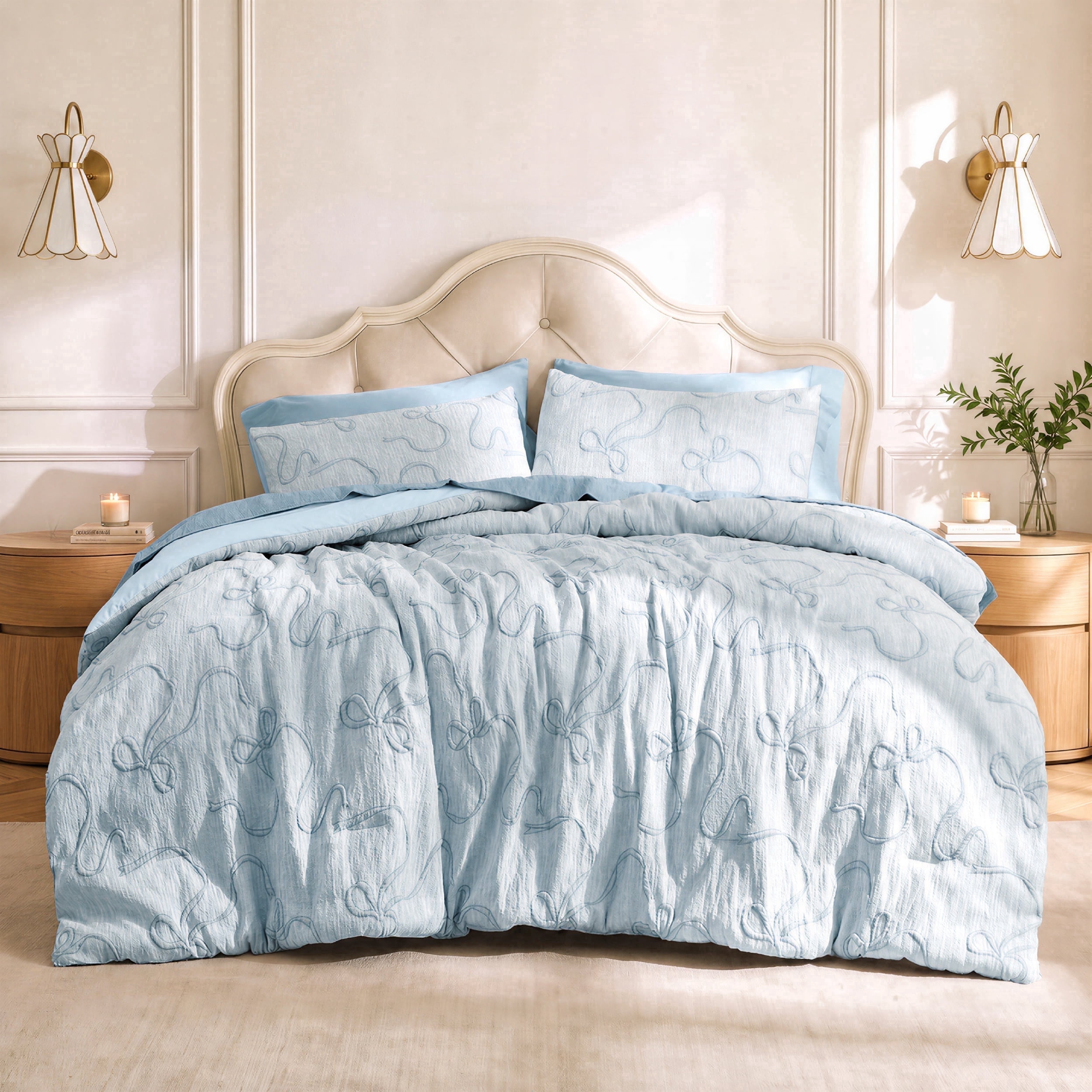 U Bedsure U by Bedsure Dusty Blue Queen Comforter Set, 3 Pieces Cute Bow Design Breathable Bedding Set with 2 Pillow Shams for Women Girls