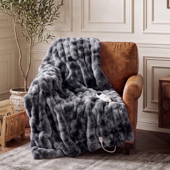U by Bedsure Heated Electric Blanket Throw 50" x 60", Faux Rabbit Fur Bubble Fleece Soft Heated Blanket with Preheat, 6 Heat Settings & 10Hs Auto off, Machine Washable, Grey