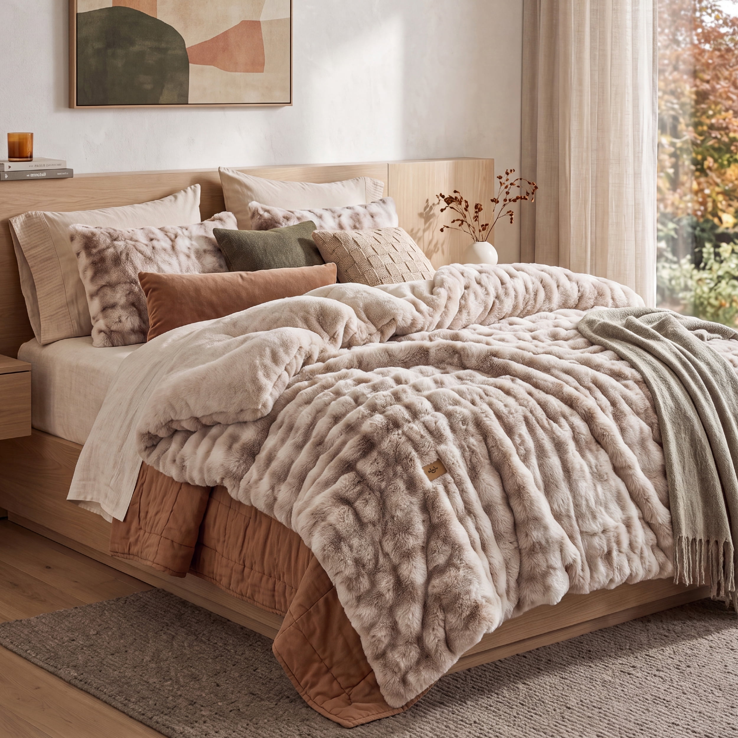 U Bedsure U by Bedsure Fluffy Comforter Set King, Beige Faux Fur Comforter Set, Soft Shaggy Plush Bubble King Size Bedding Comforter Sets, 3 Pieces Luxury Fuzzy Bed Set