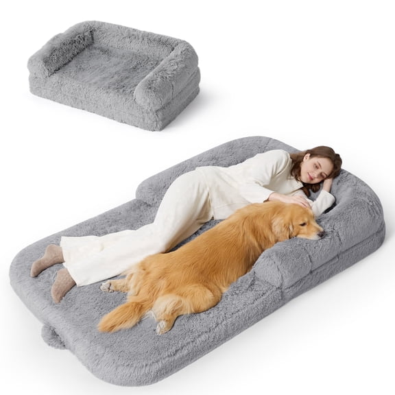 U By Bedsure Foldable Human Dog Bed, 2 in 1 Flexible Giant for Adult People with Supportive Bolster Egg Foam, Waterproof Liner, Calming Fluffy Faux Fur Orthopedic Big Bean Bed, Dark Gray