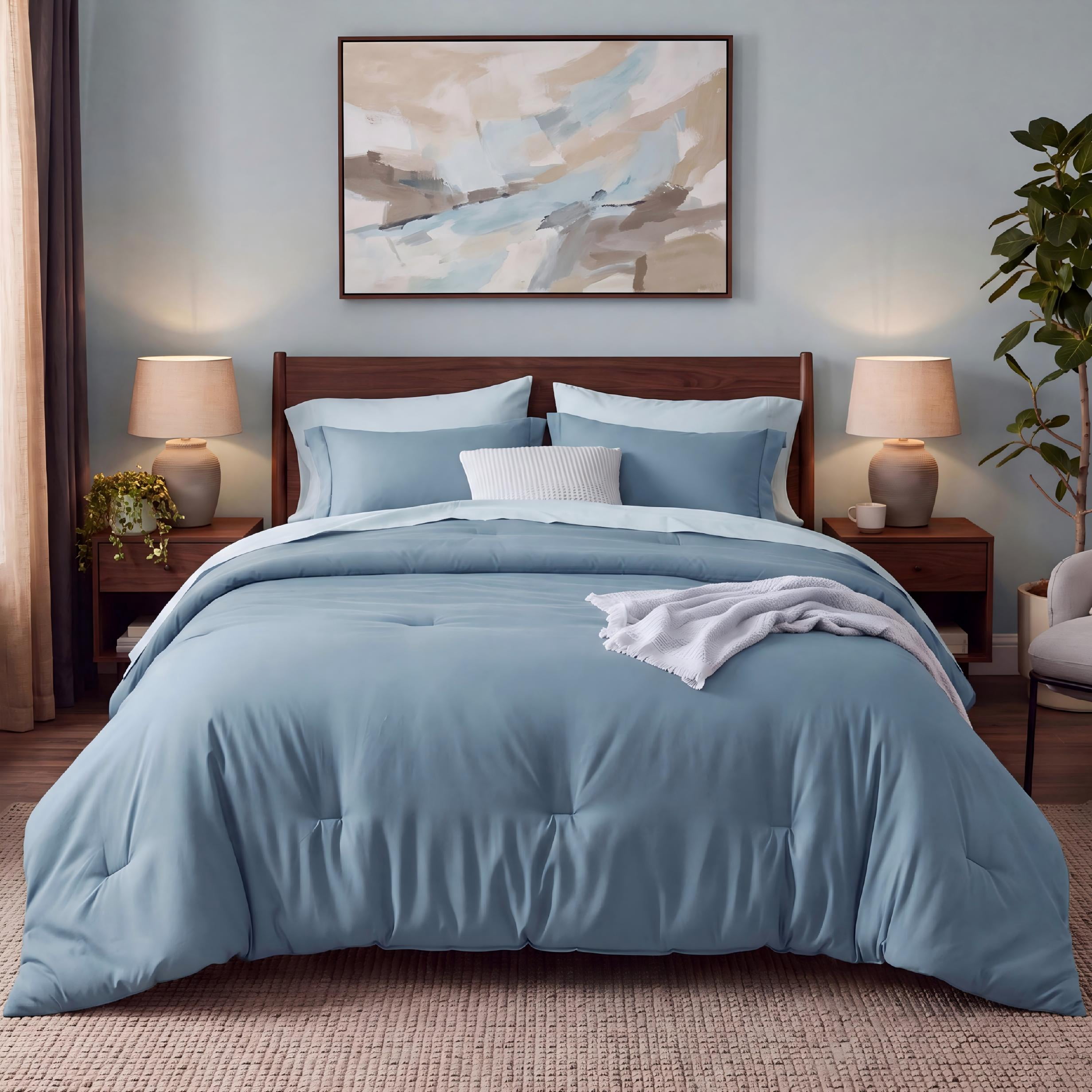 U Bedsure U by Bedsure Full Comforter Set Grayish Blue, 7 Pieces Reversible Bed in a Bag, Boho Lightweight Bedding Set, Contrasting Design