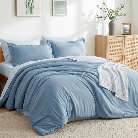 U by Bedsure Full Comforter Set Grayish Blue, 7 Pieces Reversible Bed in a Bag, Boho Lightweight Bedding Set, Contrasting Design