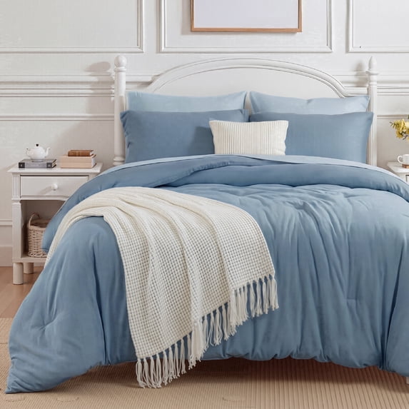 U by Bedsure Full Comforter Set Grayish Blue, 7 Pieces Reversible Bed in a Bag, Boho Lightweight Bedding Set, Contrasting Design