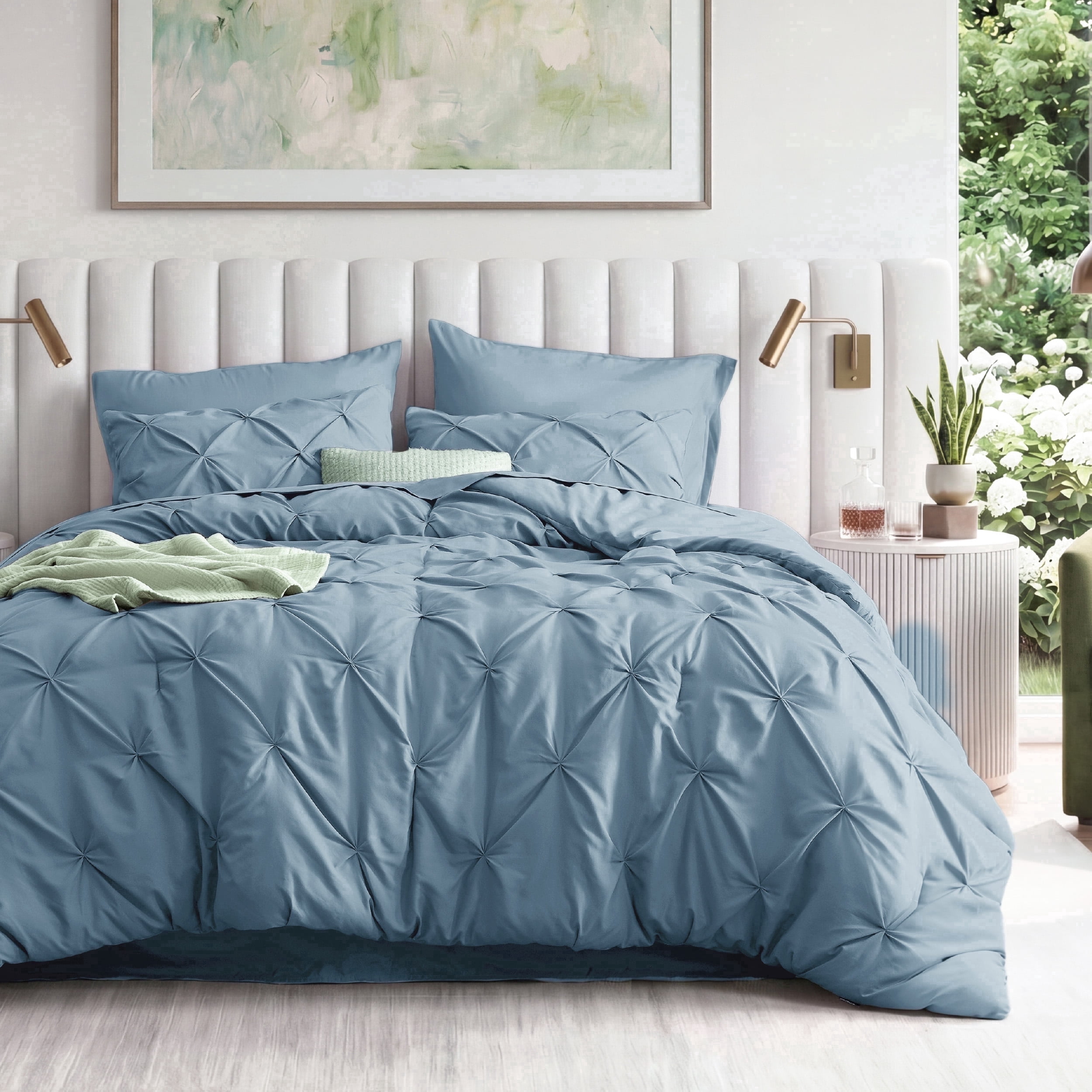 U Bedsure U by Bedsure Full Comforter Set Mineral Blue, Bed in a Bag Full Size Bedding, 7 Pieces Pinch Pleat All Season Comforter with Sheets, Pillowcases & Shams
