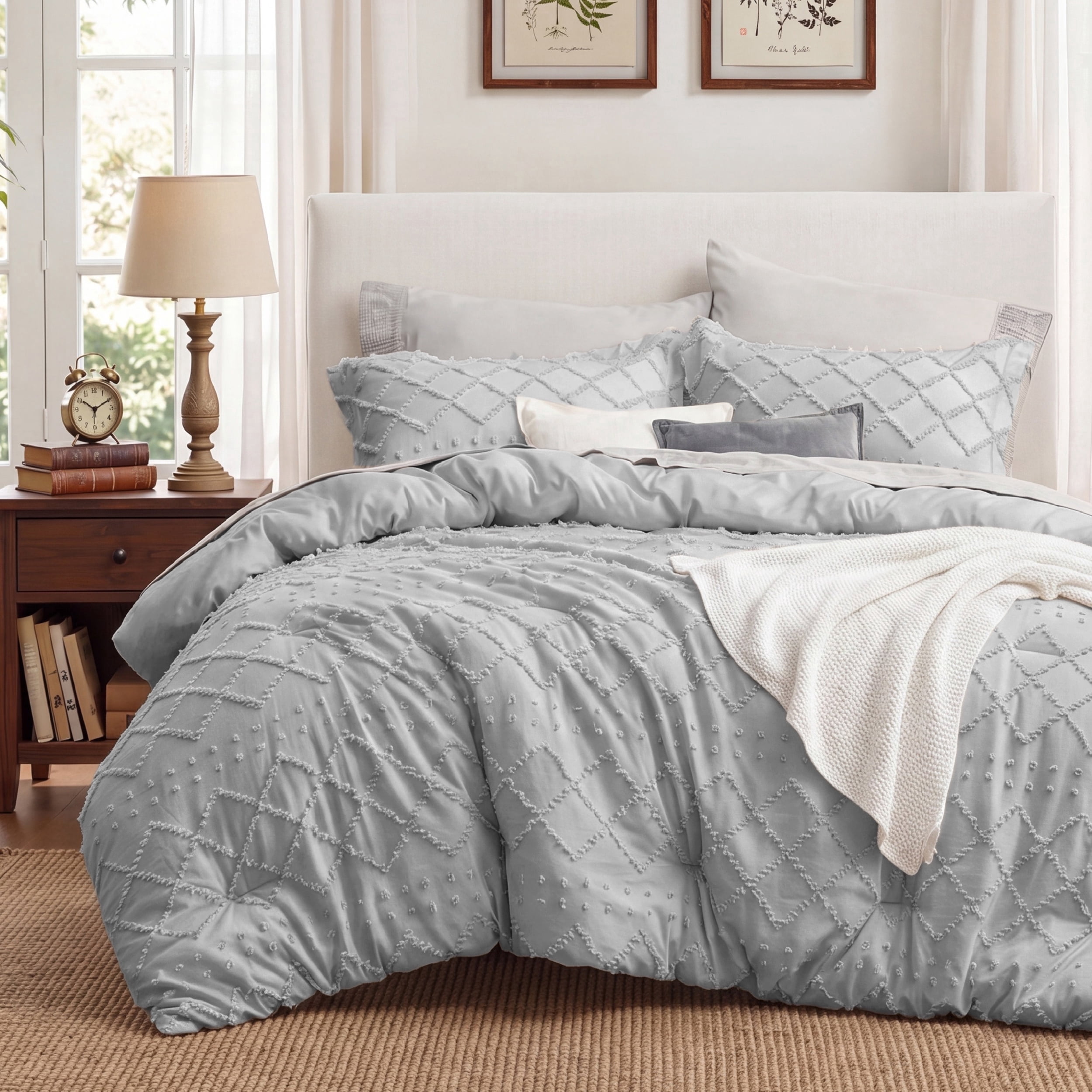 U Bedsure U by Bedsure Full Size Comforter Set - Light Grey Comforter, Boho Tufted Shabby Chic Bedding Comforter Set, 3 Pieces Farmhouse Bed Set for All Seasons, Fluffy Soft Bedding Set with 2 Pillow Shams