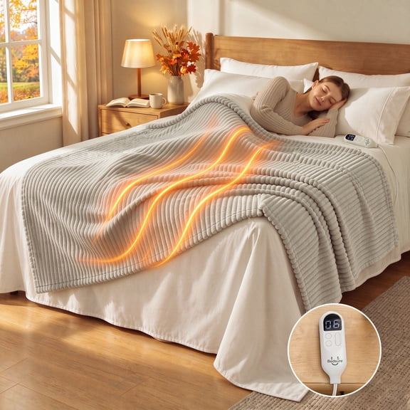 U by Bedsure Heated Electric Blanket Throw 50" x 60", Ribbed Flannel Soft Heated Blanket with Preheat, 6 Heat Settings & 10Hs Auto off, Machine Washable, Natural