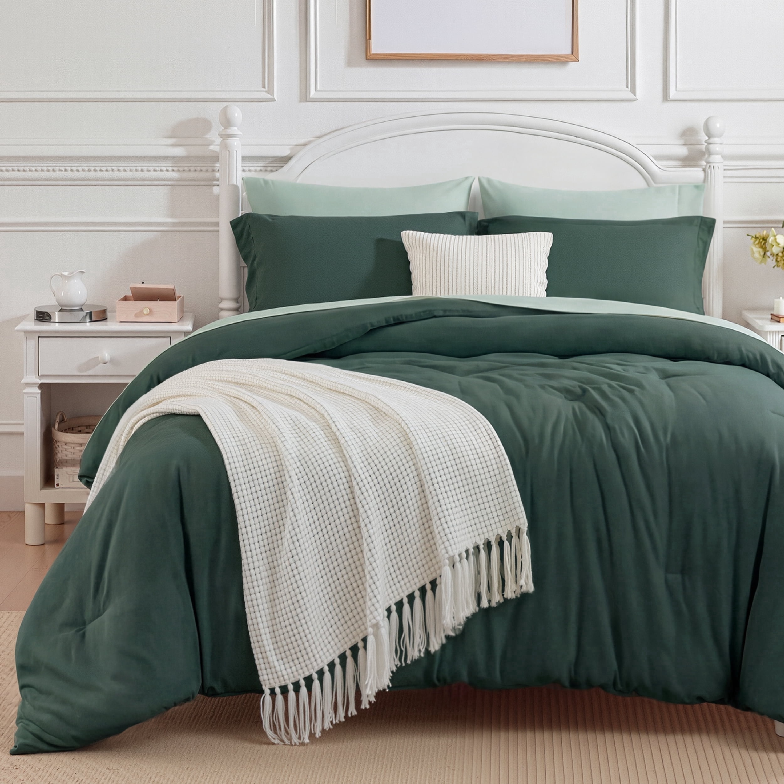 U by Bedsure King Comforter Set Forest Green, 7 Pieces Reversible Bed in a Bag, Boho Lightweight Bedding Set, Contrasting Design