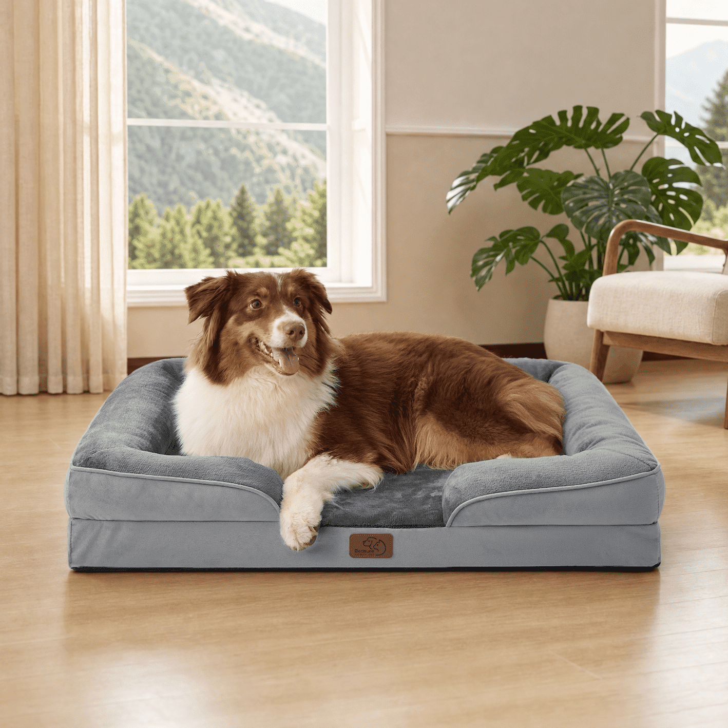 U by Bedsure Orthopedic Dog Sofa Bed for Large Dogs - Egg Crate Foam Pet Couch, Bolster Sides, Waterproof Washable Cover, Non-Skid, Grey, 35"