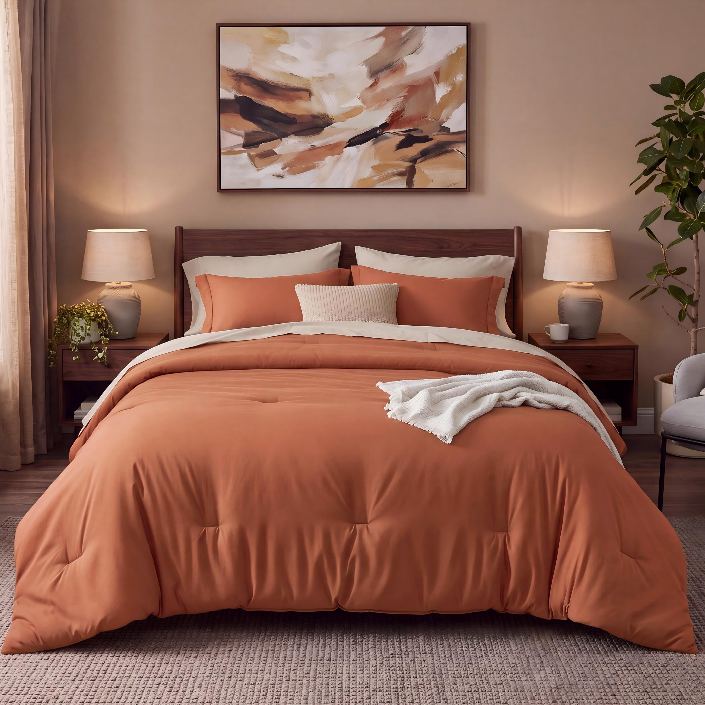 U Bedsure U by Bedsure Queen Comforter Set Burnt Orange, 7 Pieces Reversible Bed in a Bag, Boho Lightweight Bedding Set, Contrasting Design