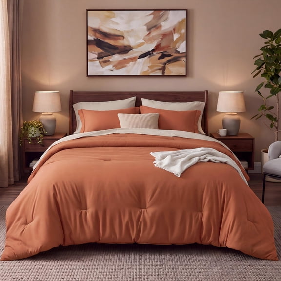 U by Bedsure Queen Comforter Set Burnt Orange, 7 Pieces Reversible Bed in a Bag, Boho Lightweight Bedding Set, Contrasting Design