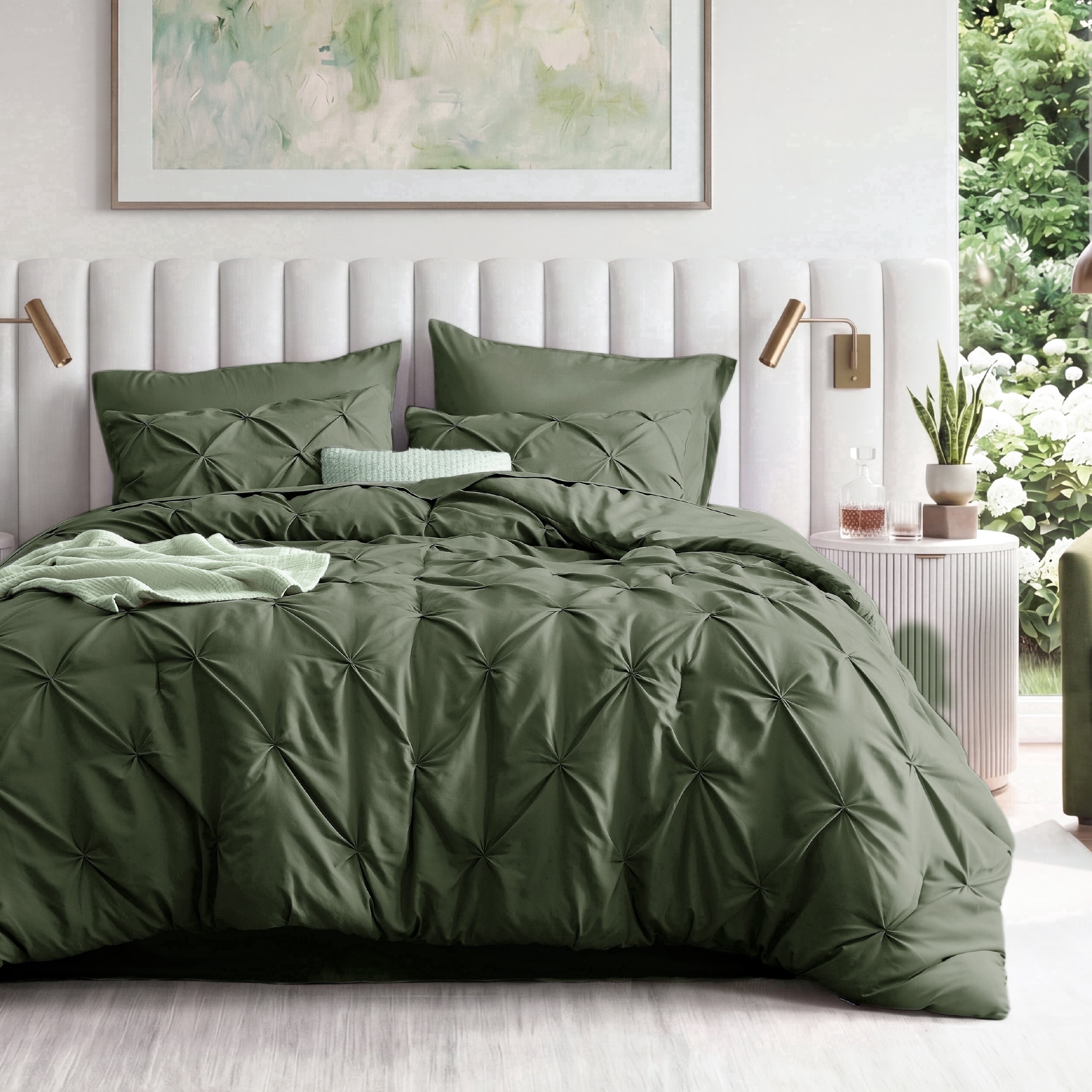 U Bedsure U by Bedsure Queen Comforter Set Olive Green, Bed in a Bag Queen Size Bedding, 7 Pieces Pinch Pleat All Season Comforter with Sheets, Pillowcases & Shams