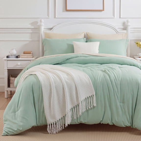 U by Bedsure Queen Comforter Set Sage Green, 7 Pieces Lightweight Queen Bedding Sets, Contrasting Design