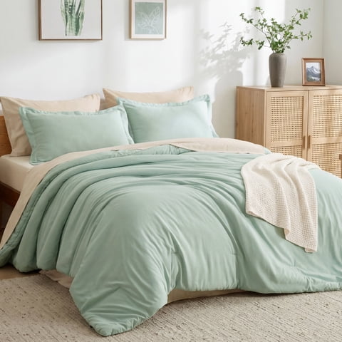 U by Bedsure Queen Comforter Set Sage Green, 7 Pieces Reversible Bed in a Bag, Boho Lightweight Bedding Set, Contrasting Design