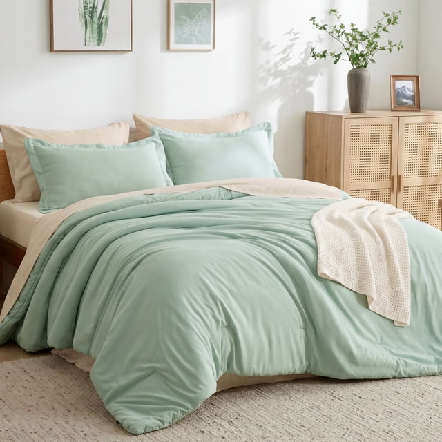 U by Bedsure Queen Comforter Set Sage Green, 7 Pieces Reversible Bed in a Bag, Boho Lightweight Bedding Set, Contrasting Design