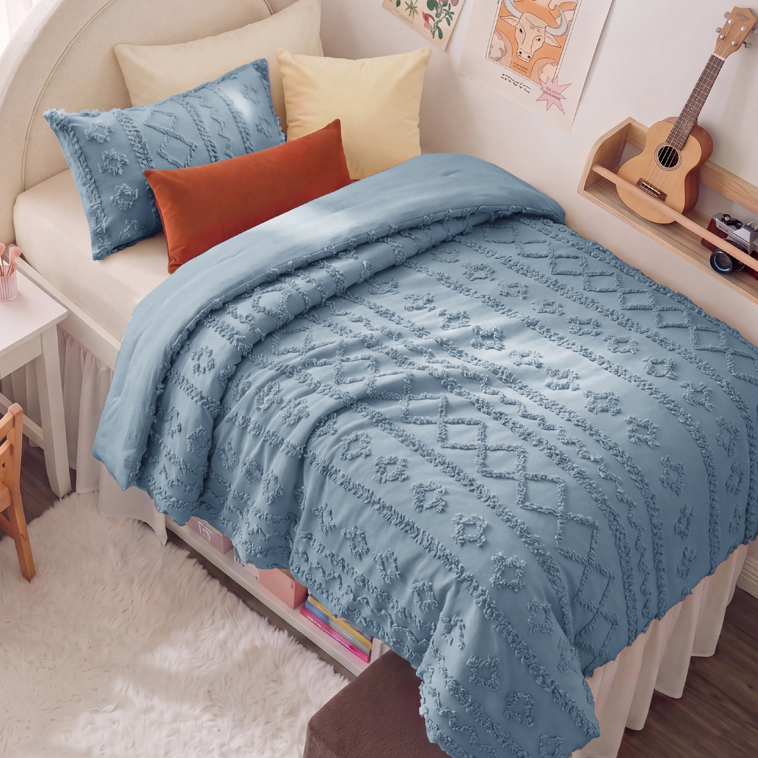 U Bedsure U by Bedsure Tufted Boho Comforter Set Twin, Citadel Blue, 2 Pieces Farmhouse Shabby Chic Embroidery Bedding Set, Soft Jacquard Comforter for All Seasons