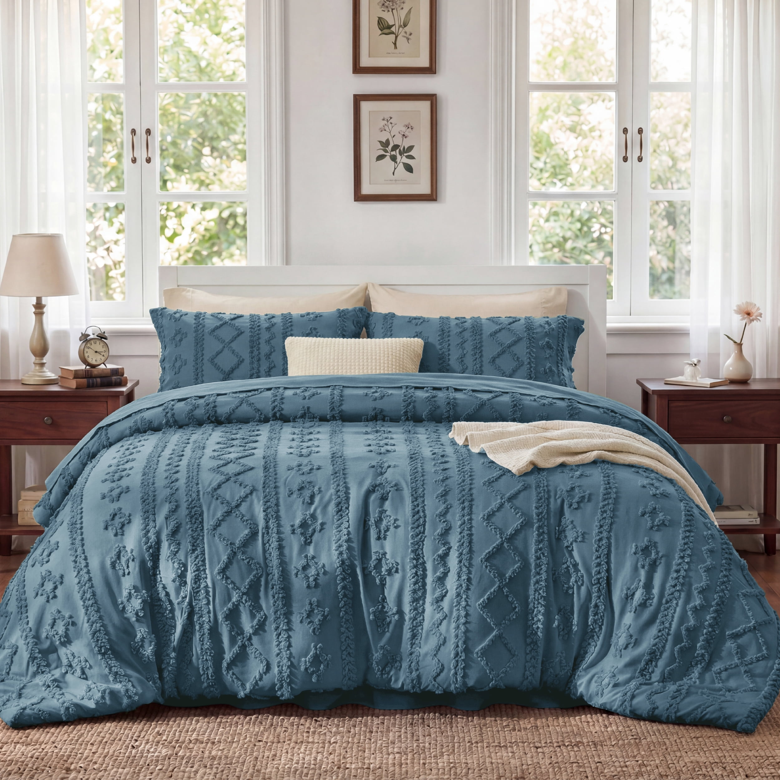 U Bedsure U by Bedsure Tufted Boho Comforter Set Full, Citadel Blue, 3 Pieces Farmhouse Shabby Chic Embroidery Bedding Set, Soft Jacquard Comforter for All Seasons
