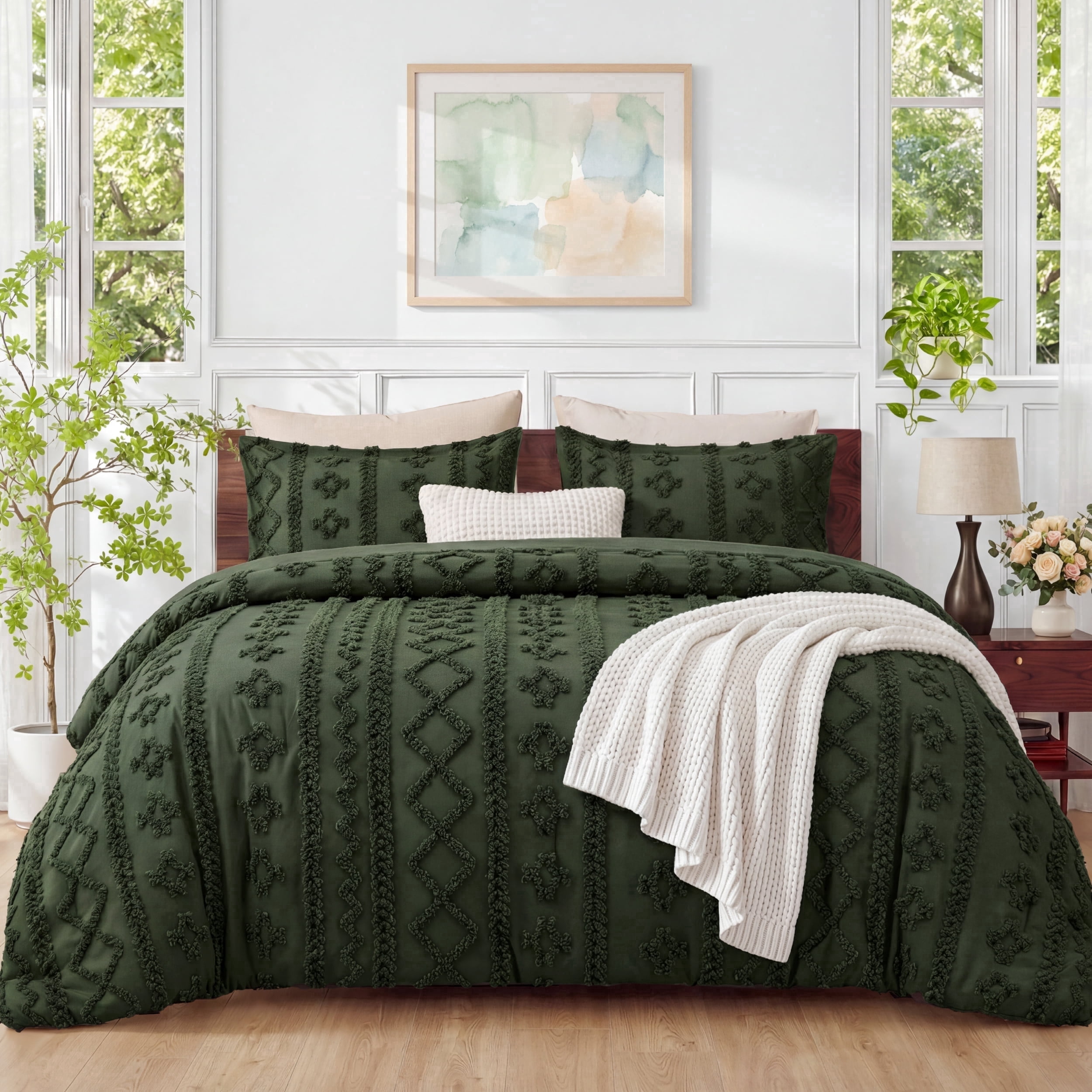 U Bedsure U by Bedsure King Tufted Boho Comforter Set, 3 Pieces Farmhouse Shabby Chic Embroidery Bedding Set, Soft Jacquard Bronze Green Comforter for All Seasons