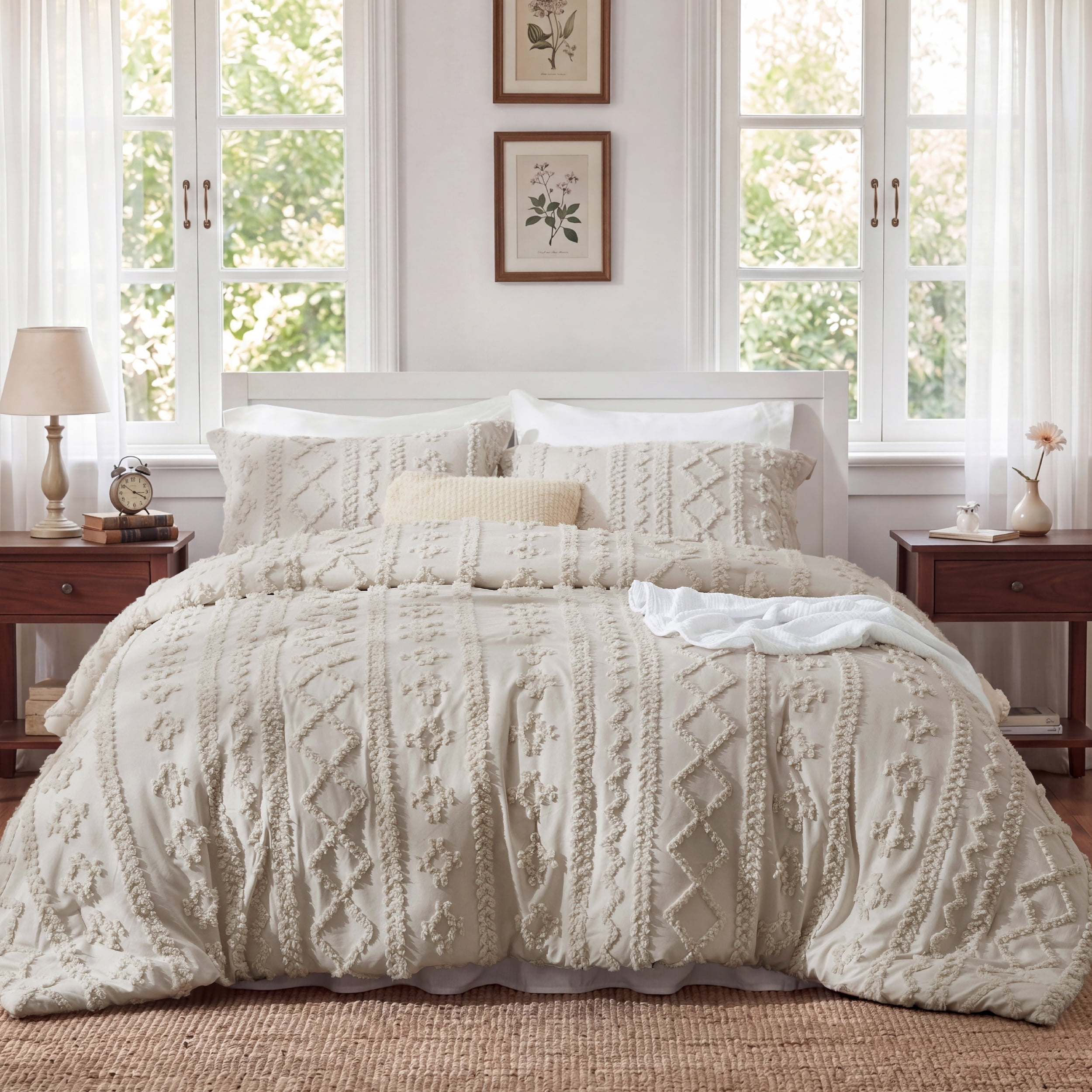 U Bedsure U by Bedsure Tufted Boho Comforter Set Queen, Chateau Gray, 3 Pieces Farmhouse Shabby Chic Embroidery Bedding Set, Soft Jacquard Comforter for All Seasons