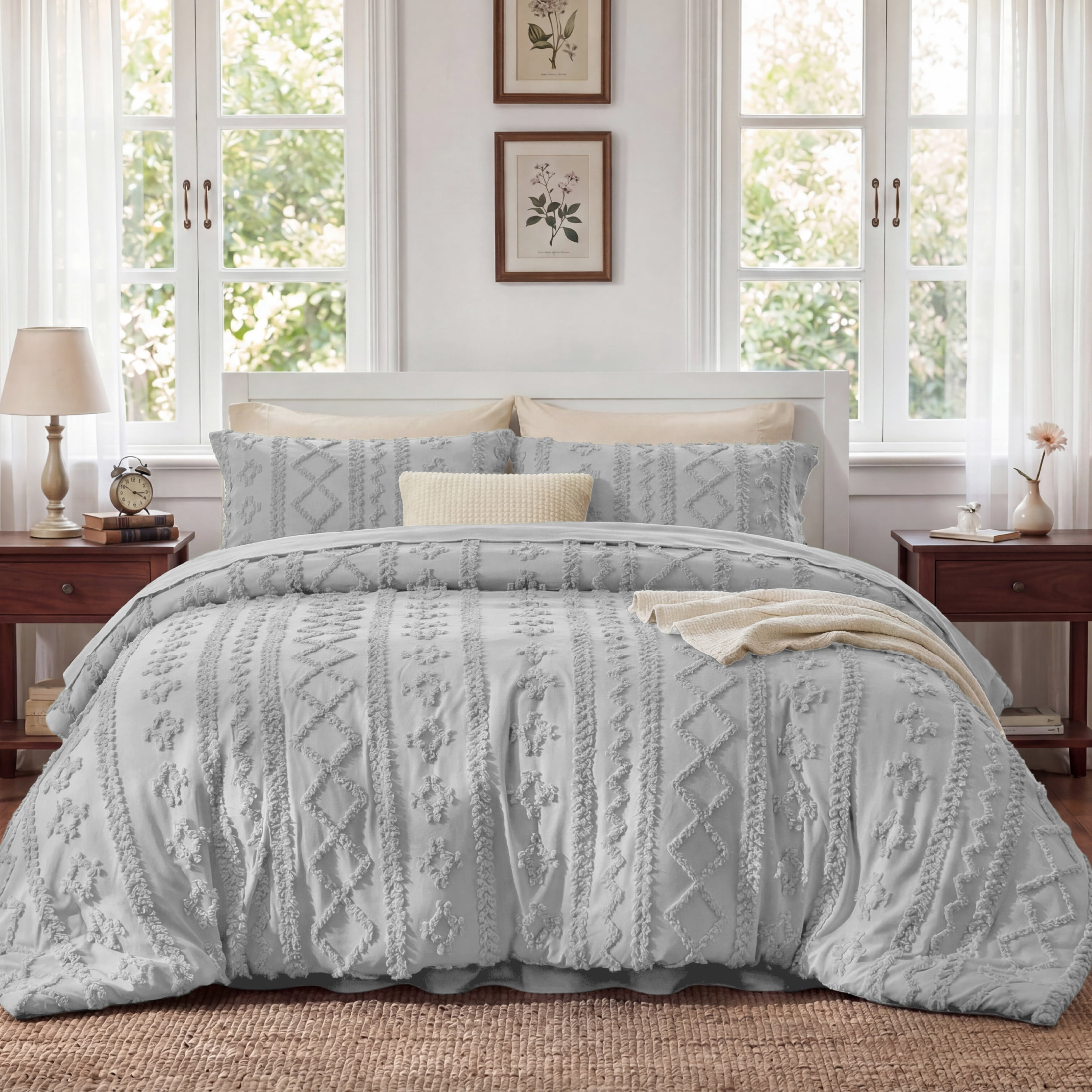 U Bedsure U by Bedsure Tufted Boho Comforter Set Queen, Chip Gray, 3 Pieces Farmhouse Shabby Chic Embroidery Bedding Set, Soft Jacquard Comforter for All Seasons