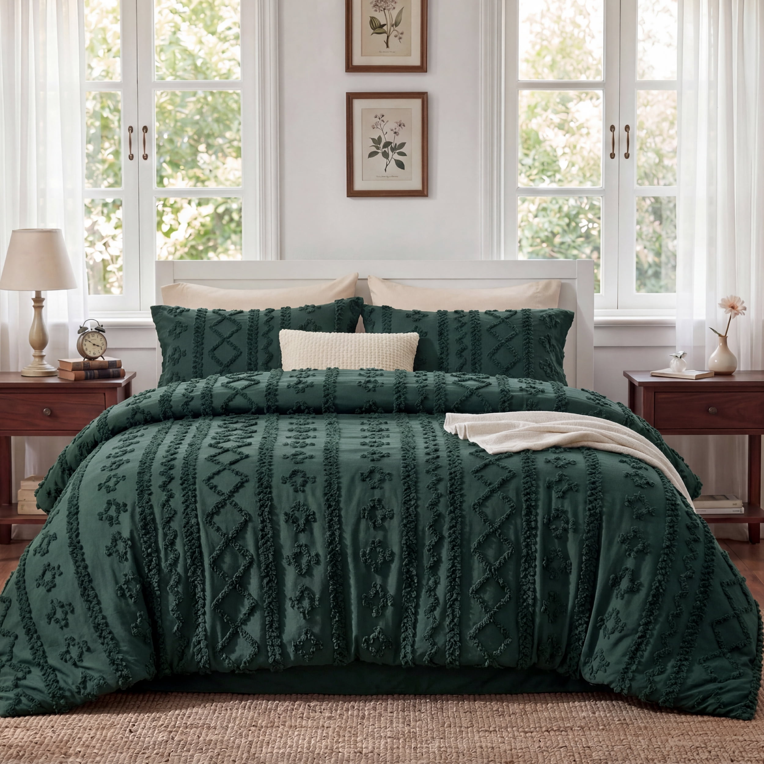 U Bedsure U by Bedsure Queen Tufted Boho Comforter Set, 3 Pieces Farmhouse Shabby Chic Embroidery Mallard Green Bedding Set, Soft Jacquard Comforter for All Seasons