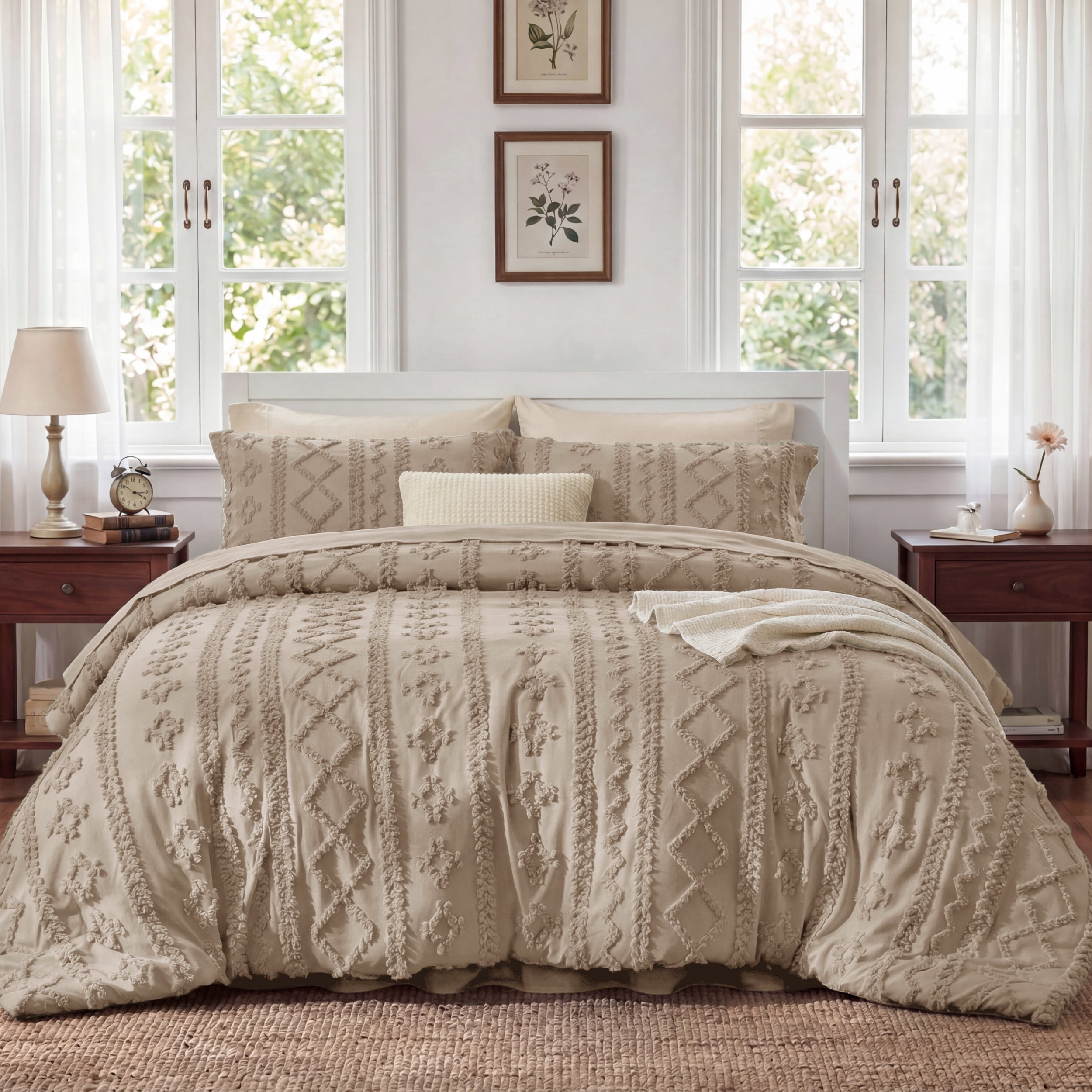U Bedsure U by Bedsure Tufted Boho Comforter Set Full, Doeskin Brown, 3 Pieces Farmhouse Shabby Chic Embroidery Bedding Set, Soft Jacquard Comforter for All Seasons