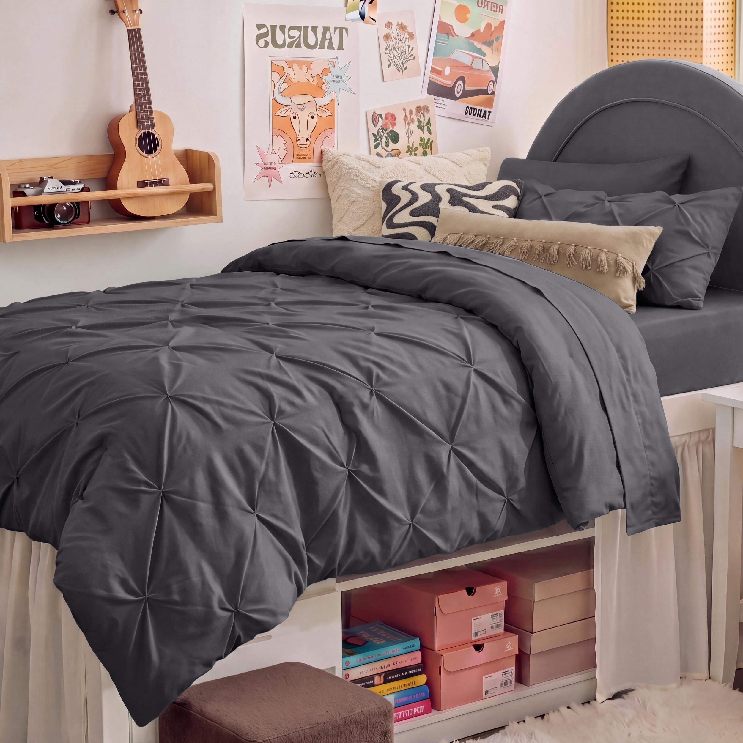 U Bedsure U by Bedsure Twin/Twin XL Comforter Set Dark Grey, Bedding for College Dorm, 5 Pieces Bed in a Bag with Pinch Pleat Comforter, Sheets, Pillowcases & Shams