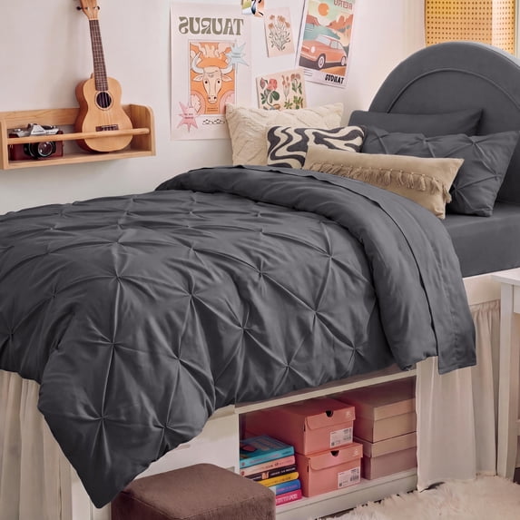 U by Bedsure Twin Twin XL Comforter Set Dark Grey, Bedding for College Dorm, 5 Pieces Bed in a Bag with Pinch Pleat Comforter, Sheets, Pillowcases & Shams